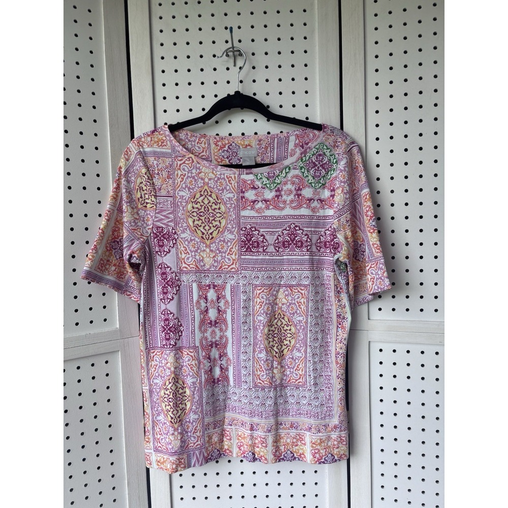 Chico's 100% Pima Cotton‎ Patchwork Mosaic Print Boat Neck T-Shirt Size 1 MED